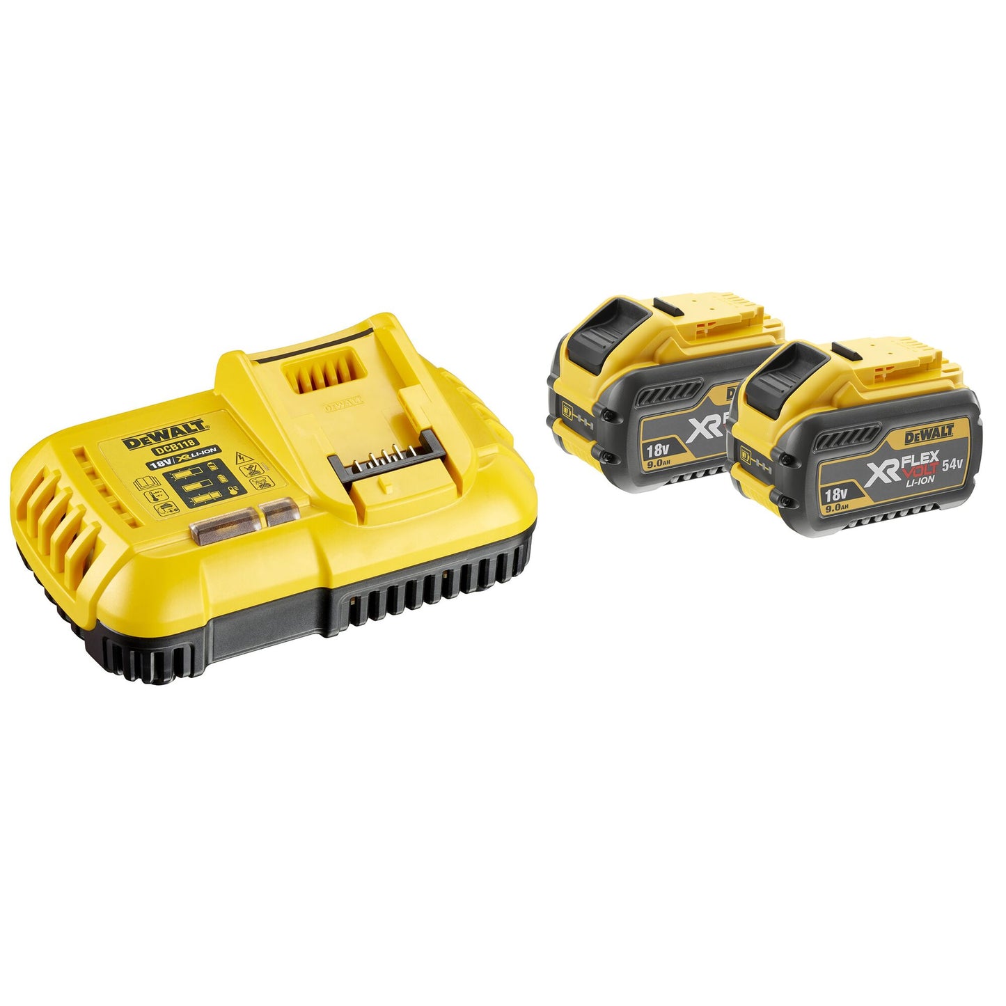 DEWALT DCB118X2-QW Starter kit: XR 8A Charger + 2 x 9Ah XR FLEXVOLT batteries