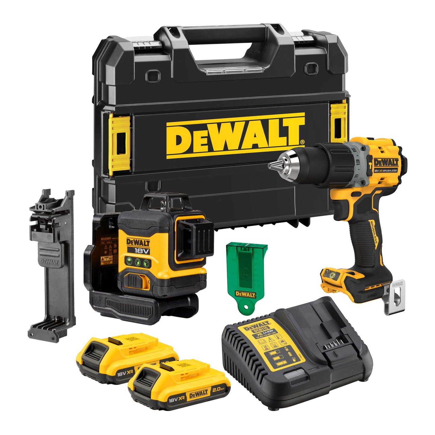 DEWALT DCK2095D2T-QW Twin Kit 18V Brushless Compact Hammer Drill + 18V Compact 3x360 Laser + 2 x 2Ah 18V Batteries