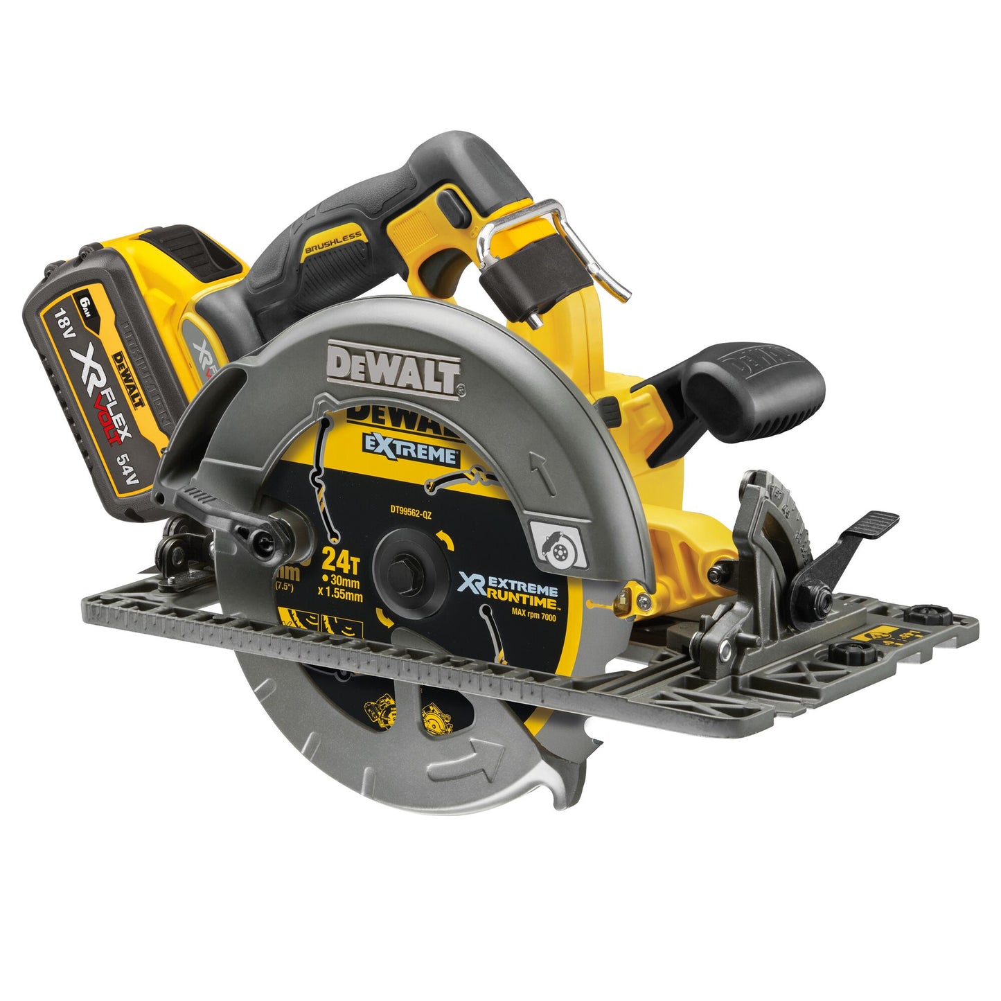 DEWALT DCS579T2-QW 18/54V XR Rail Compatible 190mm Circular Saw with 2 x 6.0Ah Flexvolt batteries