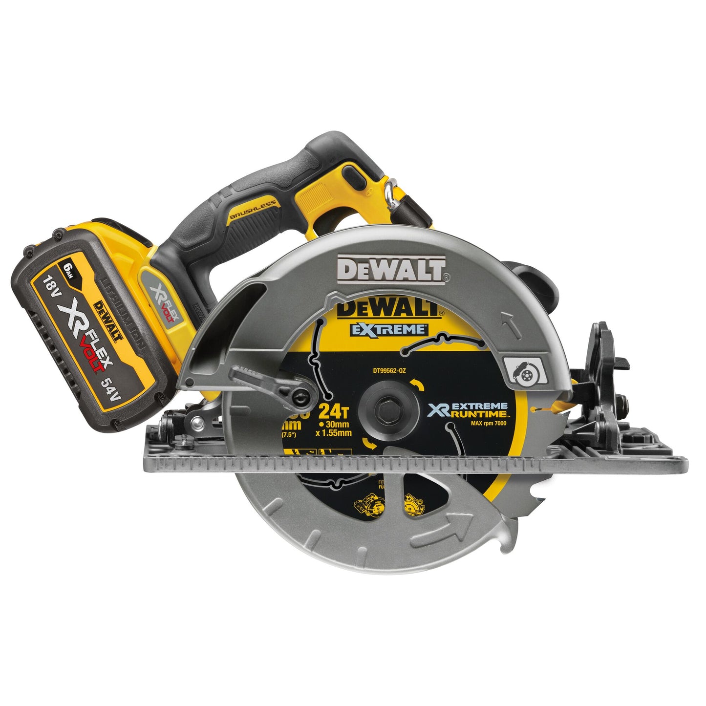 DEWALT DCS579T2-QW 18/54V XR Rail Compatible 190mm Circular Saw with 2 x 6.0Ah Flexvolt batteries