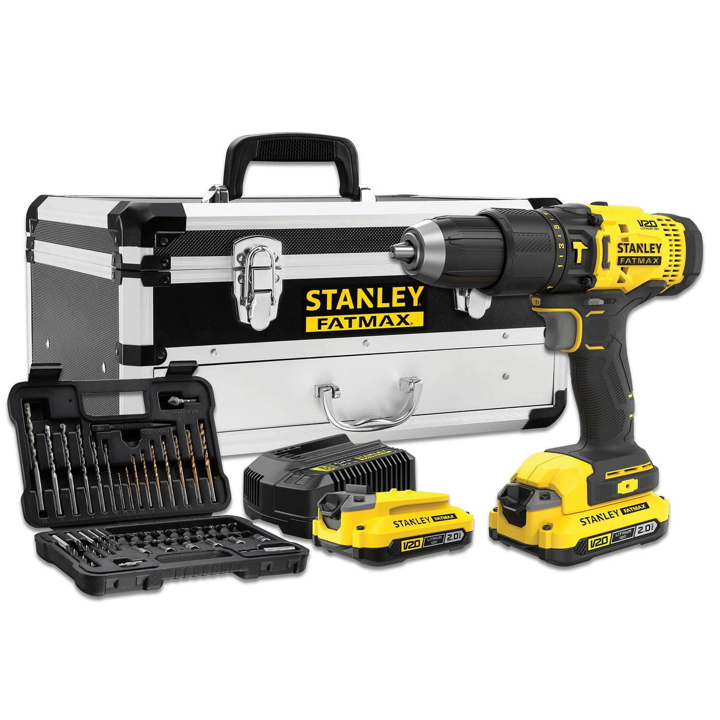 STANLEY FATMAX SFMCD711D2F-QW KIT V20 Cordless Hammer Drill +50 Piece Drill and Screwdriver Bit Set