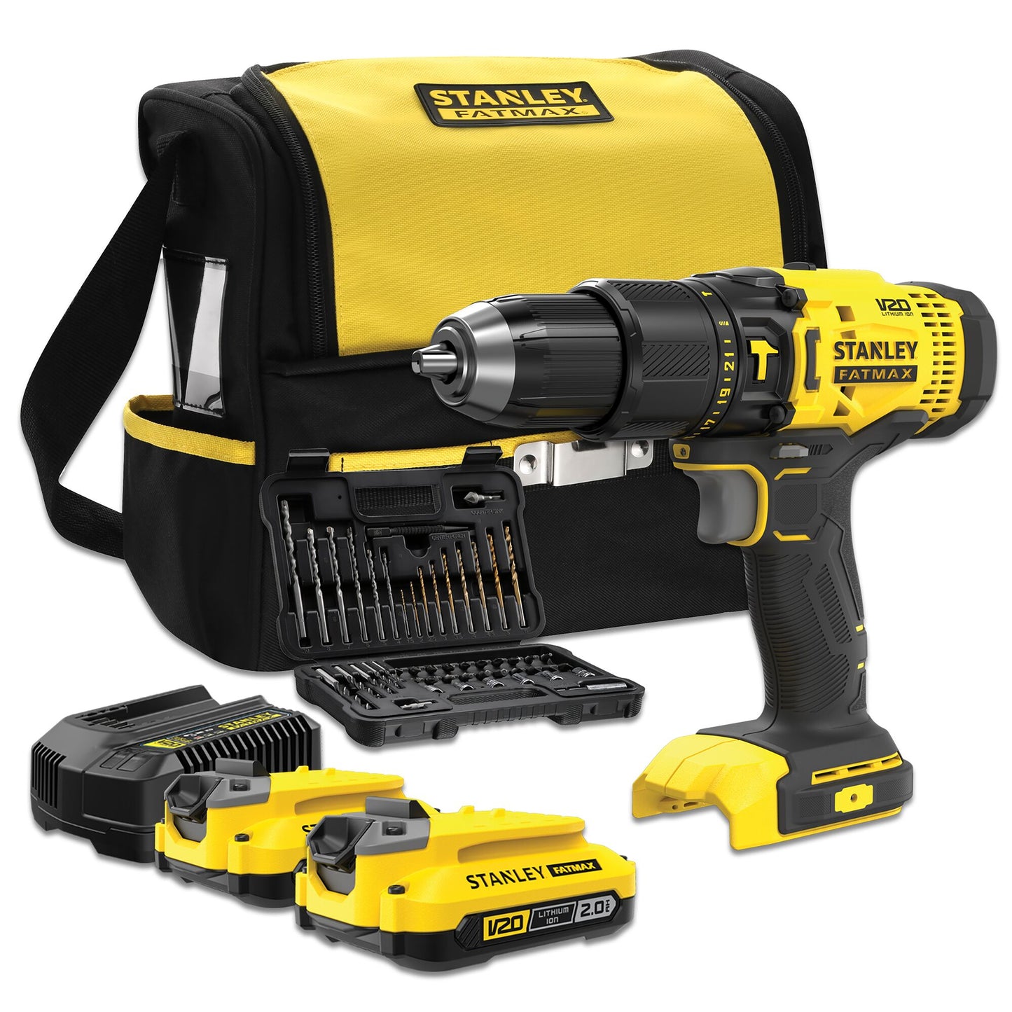 STANLEY FATMAX SFMCD711DSA-QW KIT V20 Cordless Hammer Drill +50 Piece Drill and Screwdriver Bit Set