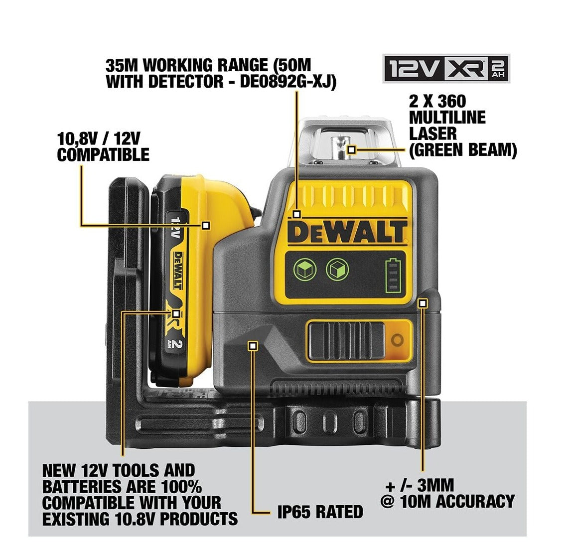 DEWALT DCE0811D1G-QW 12V XR 2X360° Green Laser with 1 x 2.0Ah Lithium Ion battery