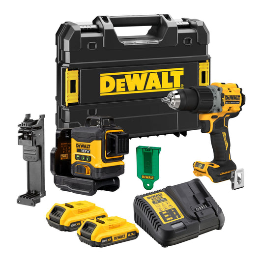 DEWALT DCK2095D2T-QW Kit trapano percussione DCD805 + Laser DCLE34031 + 2 batterie XR 18V 2.0Ah