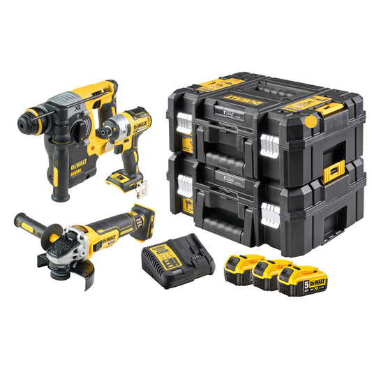 DEWALT DCK305P3T-QW Kit composto da Tassellatore DCH273 + Avvitatore impulsi 1/4" DCF887 + Smerigliatrice 125mm DCG405 + 3 batterie XR 18V 5Ah+ Valigette TSTAK