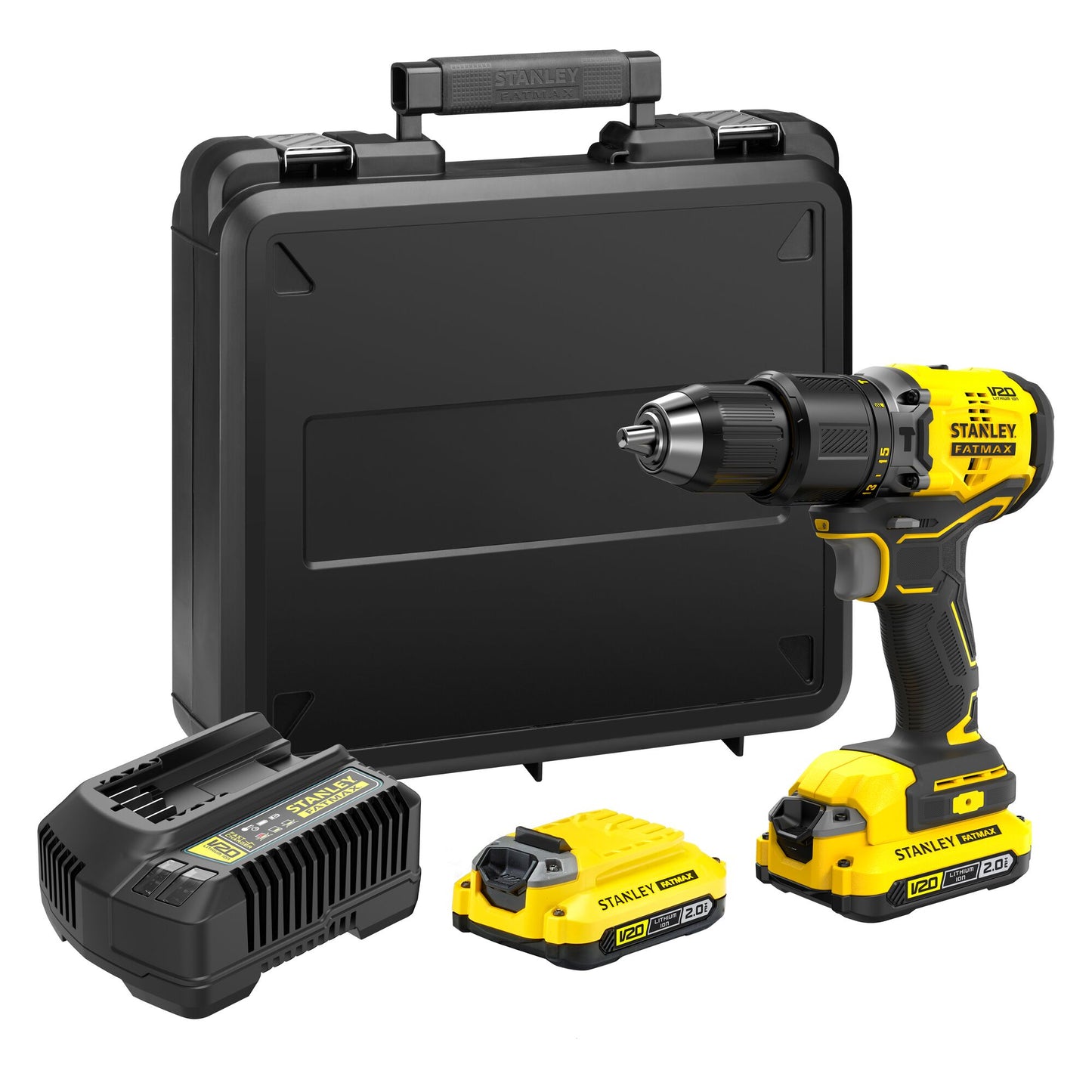 STANLEY FATMAX SFMCD715D2K-QW Taladro Percutor V20 Brushless li-ion 18V con 2 baterias 2.0Ah, cargador 1,25A y maletín