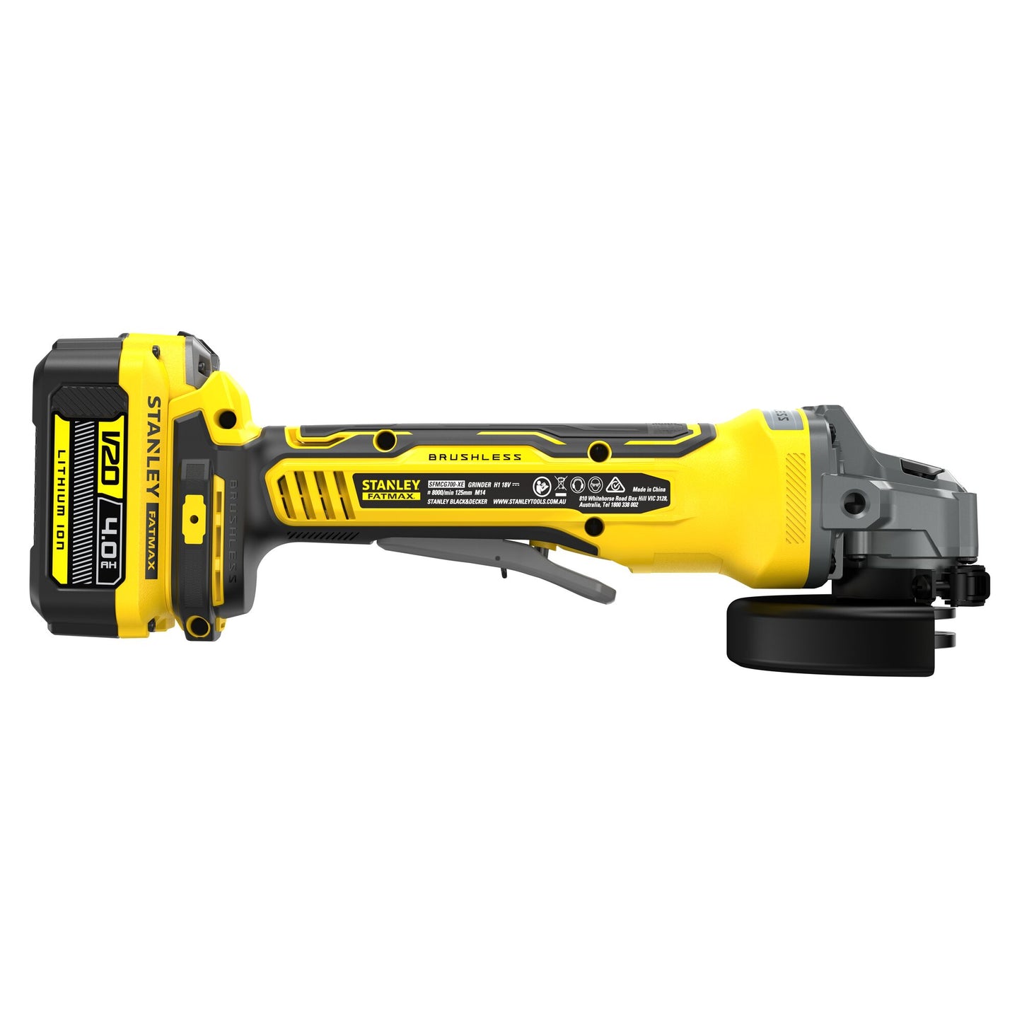 STANLEY FATMAX SFMCG700M2K-QW V20 Cordless Brushless 125mm Angle Grinder with 2 x 4.0Ah Lithium Ion Batteries and Kit Box