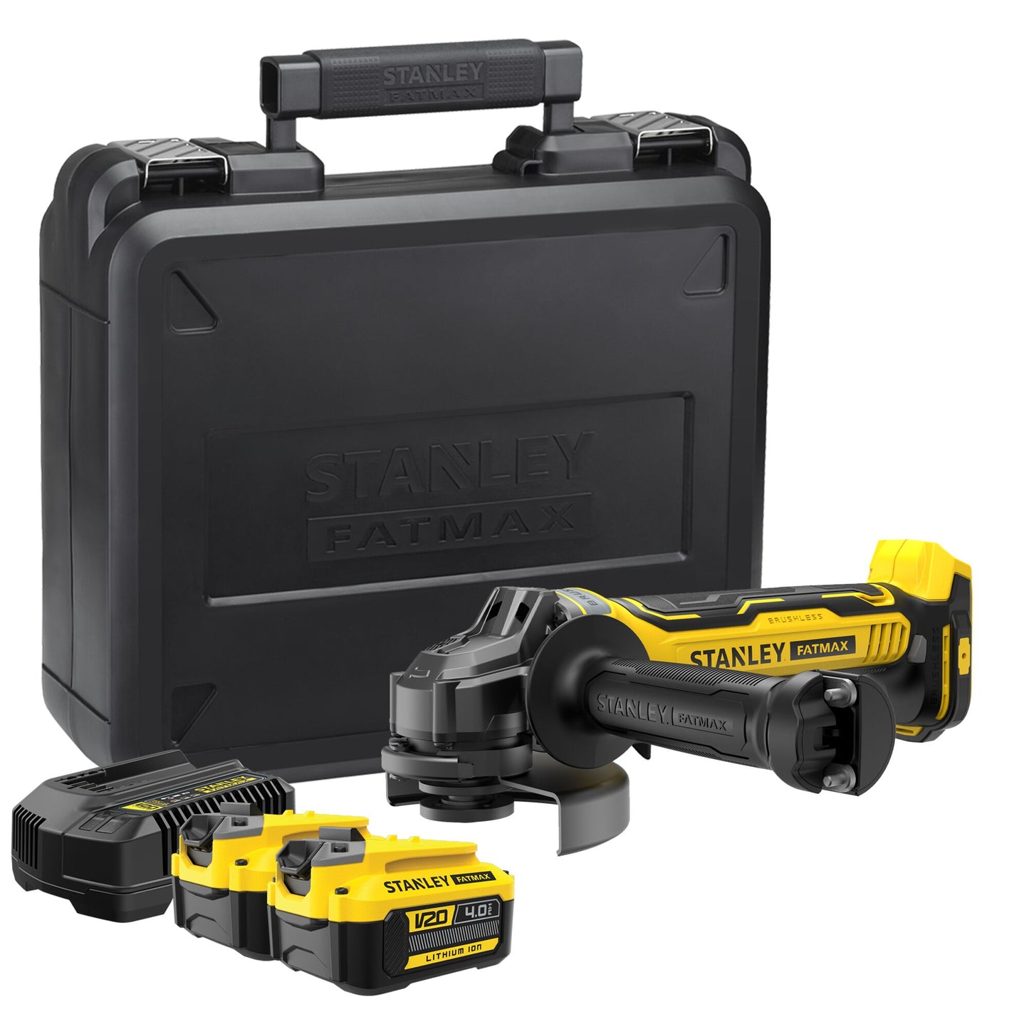 STANLEY FATMAX SFMCG700M2K-QW V20 Cordless Brushless 125mm Angle Grinder with 2 x 4.0Ah Lithium Ion Batteries and Kit Box